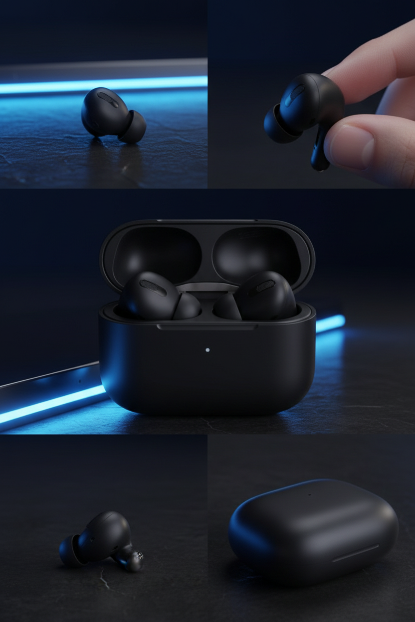 Airbuds Pro 3 black earbuds multi-angle dark background