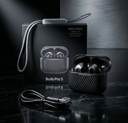 Buds Pro 5 ANC ENC wireless earbuds with carbon fiber charging case, lanyard and USB cable
