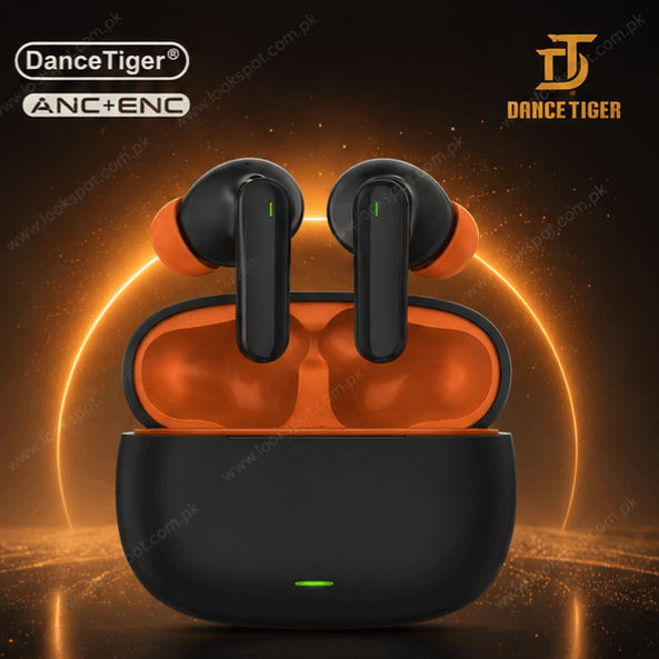 DanceTiger Buds ANC+ENC True Wireless Earbuds in black and orange