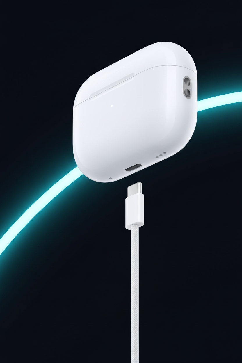 Airbuds Pro 3 charging case with USB-C cable, dark background