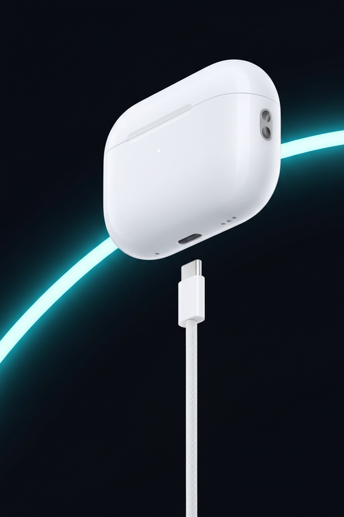 Airbuds Pro 3 charging case with USB-C cable, dark background